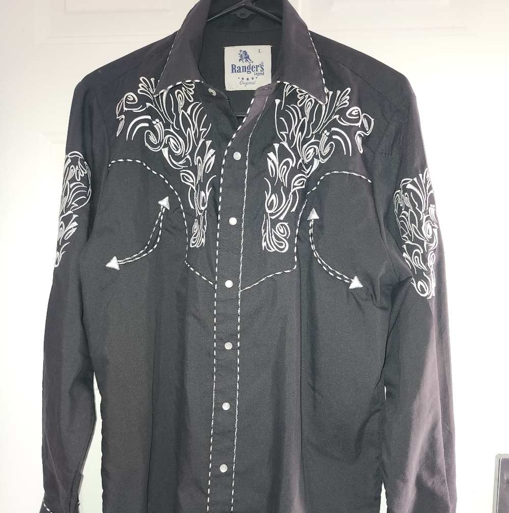 Ranger's Black Western Snap Shirt with White Embroidery